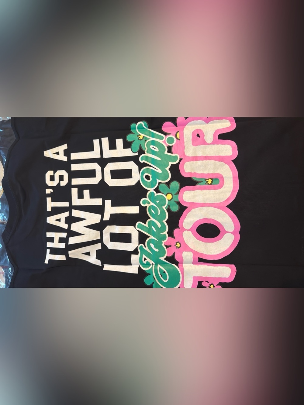 Cotton On Black Tee with White, Pink & Green Graphic